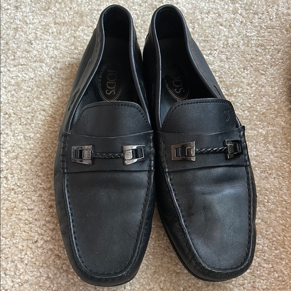 Tod\'s Black Leather Slip-On Loafers with Metal Buckle